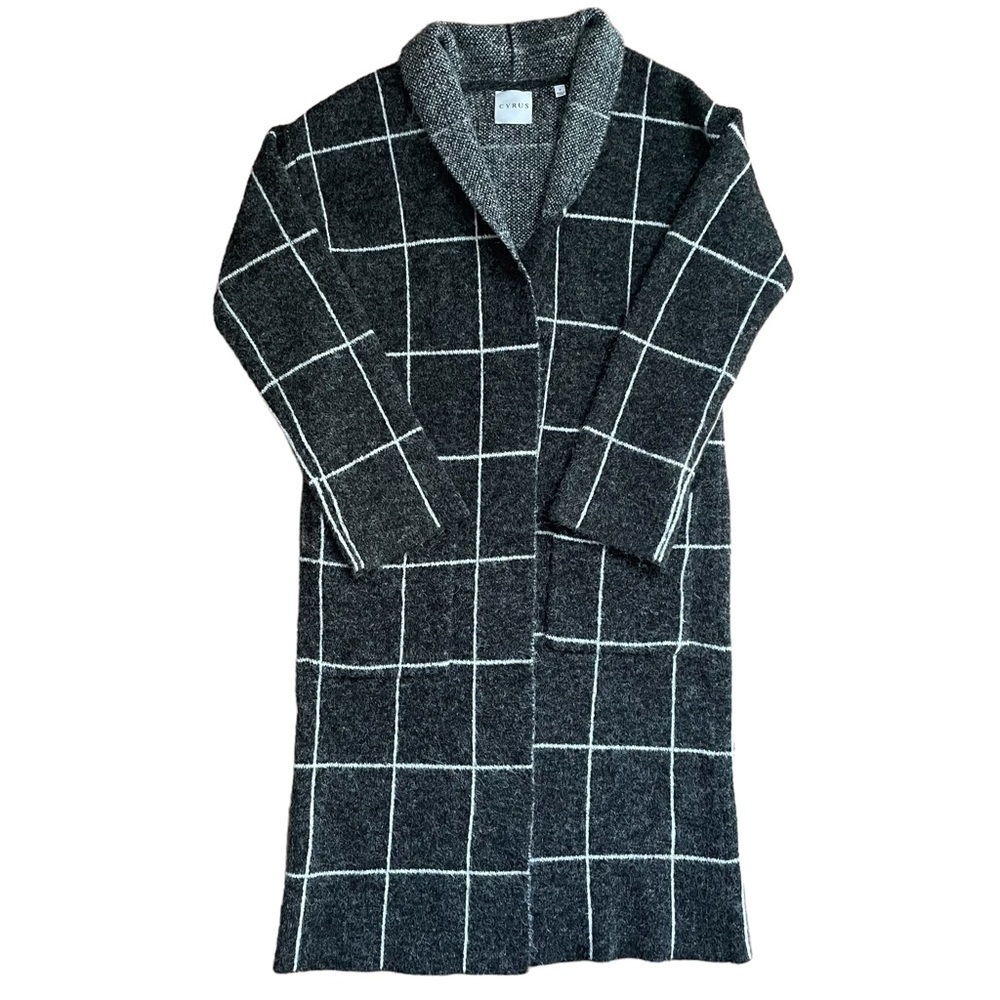 CYRUS Windowpain Long Open Cardigan Sweater Coat Grey S